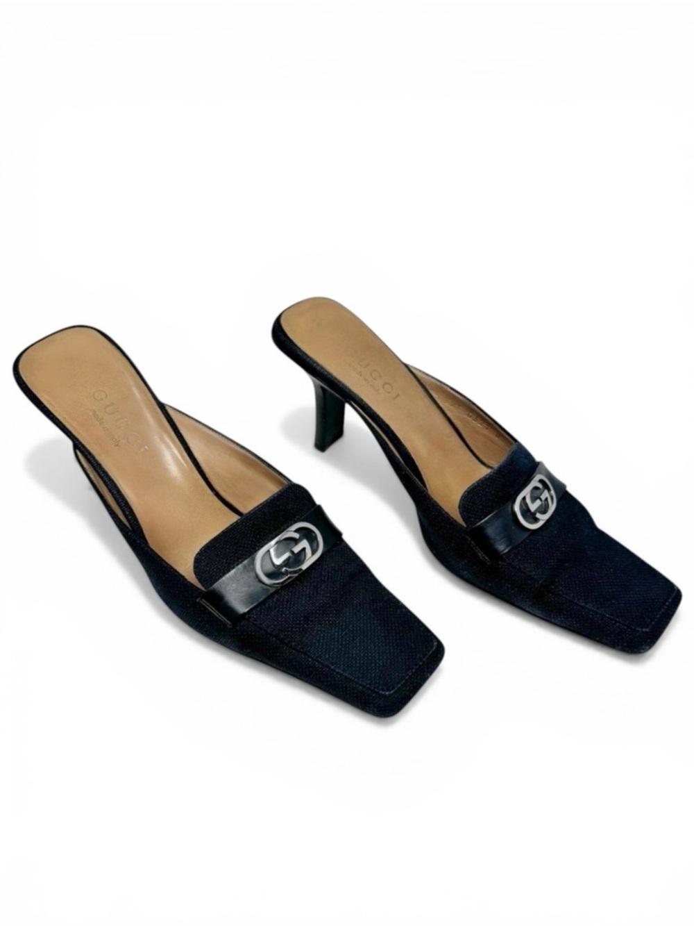 Auth Gucci Black square toe Loafer Mule kitten heel 7.5 vintage retro 90s y2k - Picture 5 of 12